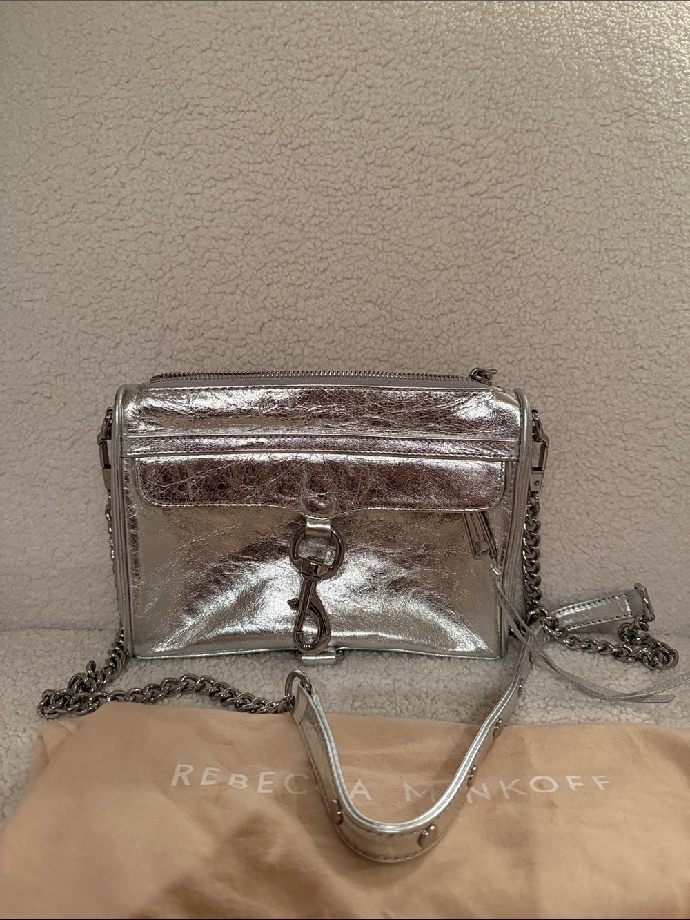 Rebecca Minkoff Metallic Silver Leather Crossbody with Chain Strap